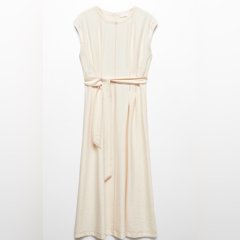 Cream Pleated Tie Front Midi Dress with Seams